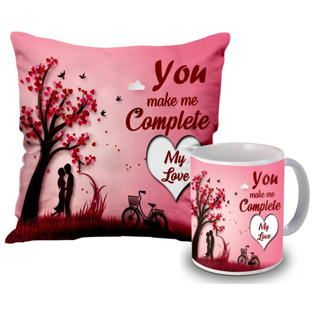 Valentine gift set featuring premium chocolates, a romantic printed mug, rose and a soft cushion – perfect for expressing love to your partner.