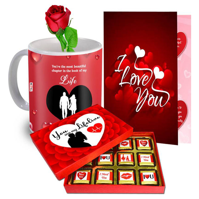Valentine gift set featuring premium chocolates, a romantic printed mug, Rose,and a Greeting card – perfect for expressing love to your partner.