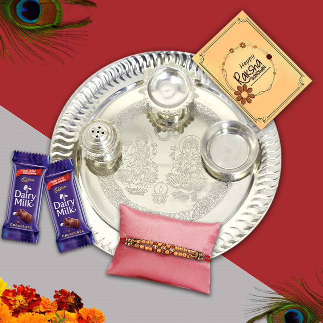 Celebrate Rakhi with Elegance – Designer Rakhi Gift Hamper with Chocolates and Silver Pooja Thali