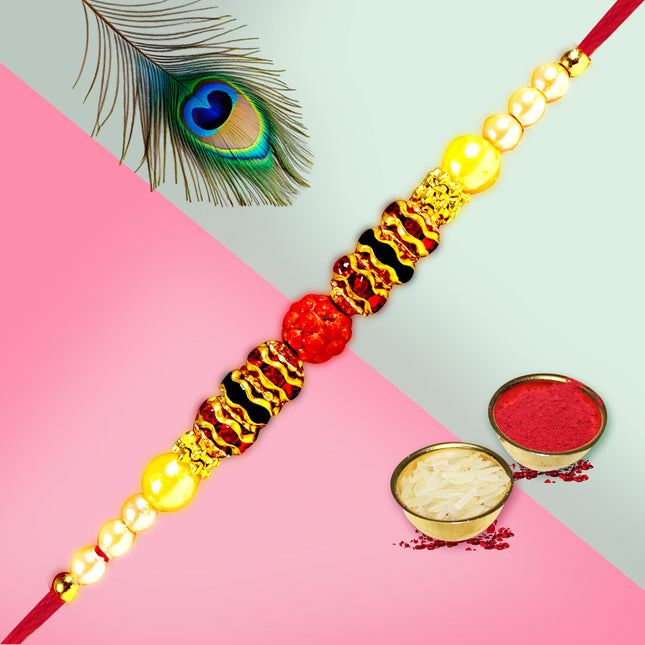 Traditional Rakhi adorned with ethnic patterns and beads, symbolizing heritage and affection.