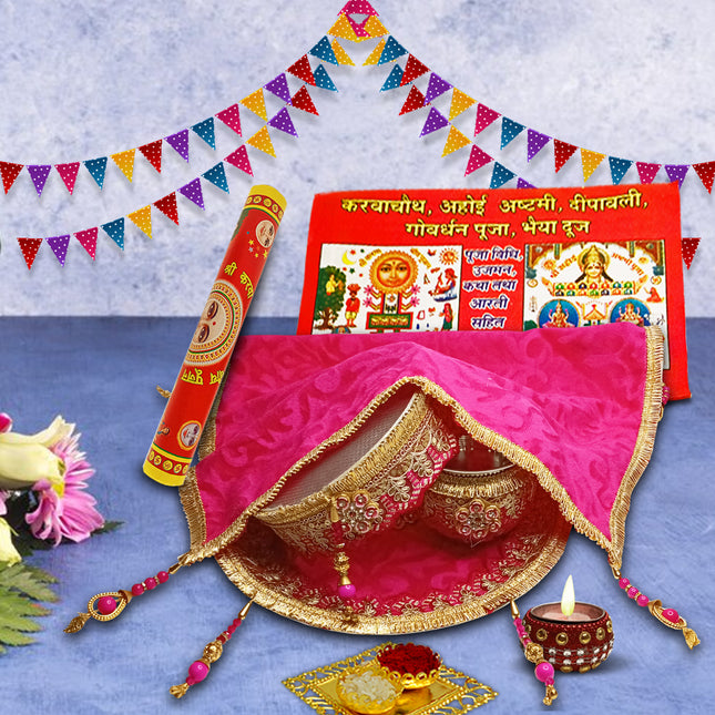 Festive Karwa Chauth Pooja Thali Set for Ladies, Stainless Steel Karwachauth Thali with Chalni, Lota, Glass & Puja Accessories