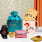 Collection of Raksha Bandhan-themed gifts including a cool mug, watch, rakhi greeting card, and a rakhi  jewelry 