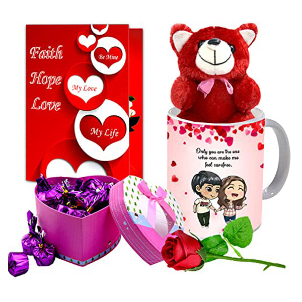 Midiron Romantic Gift for Wife/Husband| Gift for Valentine, Promise Day, Huge Day, Kiss Day |Love Combo |Gift Pack- Artificial Rose, Chocolate Box, Teddy, Greeting Card, 325 ML Mug - Midiron
