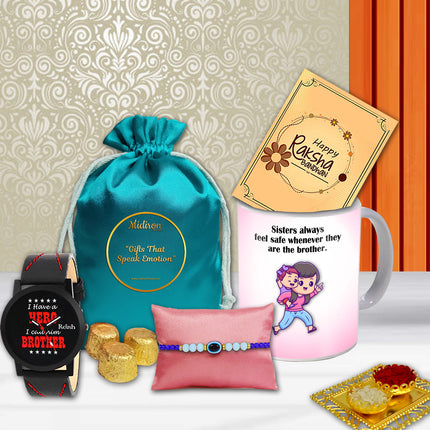 Exclusive Rakhi Celebration Pack with Designer Rakhi, Chocolate Delight, Watch, Mug & Traditional Roli