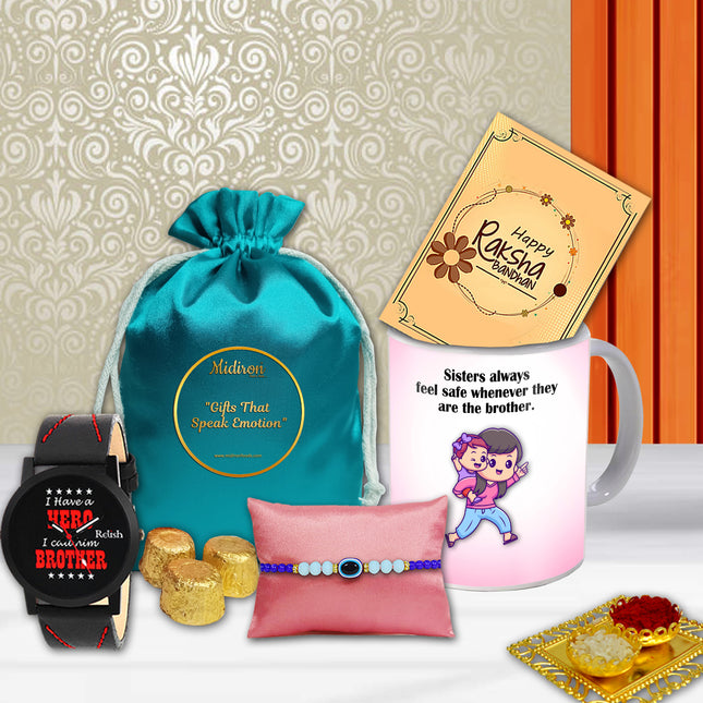 Exclusive Rakhi Celebration Pack with Designer Rakhi, Chocolate Delight, Watch, Mug & Traditional Roli