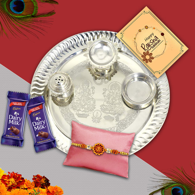 Classic Rakhi Thali Hamper with Silver Plate, Chocolate Thaili & Roli-Chawal