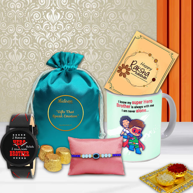 Rakhi Gift set with a  cool super bro mug, watch, taditional rakhi, and a rakhi card 