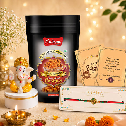 Antique Rakhi Gift for Bhaiya, Premium Rakhi Healthy Gift Set featuring 1 Elegant Rakhi, Peri Peri Cashew, Ganesh Statue, Rakhi Card and Roli Akshat, Trendy Beautiful Celebration Combo
