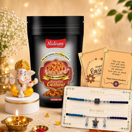 Premium Lumba Rakhi Gift for Bhaiya Bhabhi with Peri Peri Cashew, Ganesh Idol, Designer Couple Rakhi Set, Raksha Bandhan Celebration Healthy Festive Hamper with Card and Roli Akshat