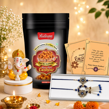 Fancy Bhaiya Bhabhi Couple Rakhi Set featuring Peri Peri Cashew, Ganesh Idol, Traditional Lumba Rakhi Combo, Stylish Raksha Bandhan Dry Fruits Gift Pack for Family Celebration