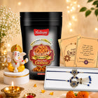 Fancy Bhaiya Bhabhi Couple Rakhi Set featuring Peri Peri Cashew, Ganesh Idol, Traditional Lumba Rakhi Combo, Stylish Raksha Bandhan Dry Fruits Gift Pack for Family Celebration