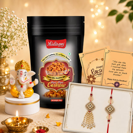 Designer Lumba Rakhi for Bhaiya Bhabhi with Peri Peri Cashew, Ganesh Idol, Beautiful Couple Rakhi Set, Premium Raksha Bandhan Healthy Gift Hamper with Greeting Card and Roli Akshat