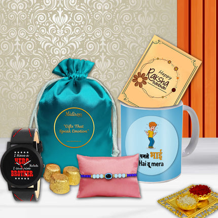 Collection of Raksha Bandhan-themed gifts including a bhai mug, watch, and Rakhi pouch 