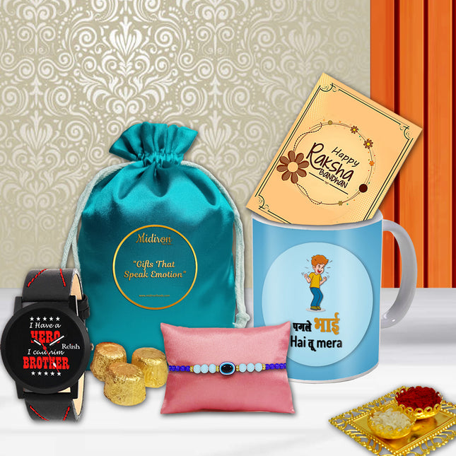 Collection of Raksha Bandhan-themed gifts including a bhai mug, watch, and Rakhi pouch 