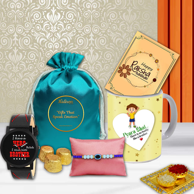 Gift set with beautiful Rakhi, watch, cool Bro mug, and  a rakhi card