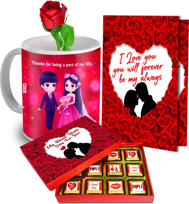 Valentine gift set featuring premium chocolates, a romantic printed mug, Rose,and a Greeting card – perfect for expressing love to your partner.