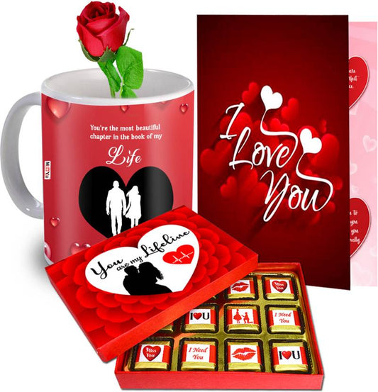 Valentine gift set featuring premium chocolates, a romantic printed mug, Rose,and a Greeting card – perfect for expressing love to your partner.