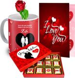 Valentine gift set featuring premium chocolates, a romantic printed mug, Rose,and a Greeting card – perfect for expressing love to your partner.