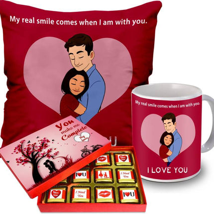Valentine gift set featuring premium chocolates, a romantic printed mug, rose and a soft heart cushion – perfect for expressing love to your partner.
