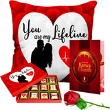 Valentine gift set featuring premium chocolates, a romantic printed mug, and a soft cushion – perfect for expressing love to your partner.