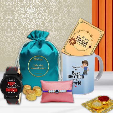 Complete Raksha Bandhan Gift Hamper with Designer Rakhi, Stylish Coffee Mug, Classic Wrist Watch, Chocolate Pouch, Greeting Card & Roli-Chawal Set