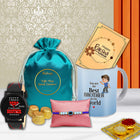 Complete Raksha Bandhan Gift Hamper with Designer Rakhi, Stylish Coffee Mug, Classic Wrist Watch, Chocolate Pouch, Greeting Card & Roli-Chawal Set