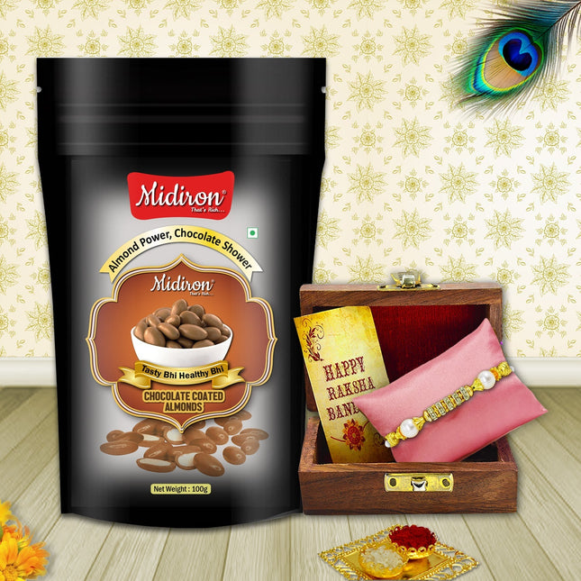 Exclusive Rakhi Gifts for Brother – Designer Rakhi in Wooden Box, Choco Almonds, Message Card & Ritual Essentials