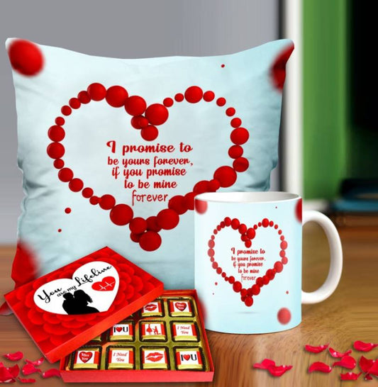 Valentine gift set featuring premium chocolates, a romantic printed mug, and a soft cushion – perfect for expressing love to your partner.