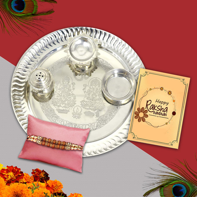 silver tray thali for rakhi, rakhi pooja thali, rakhi pooja thali for gift . puja thali with tradition rakhi and a greeting card , pooja thali with greeting card and stylish rakhi