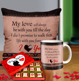 Valentine gift set featuring premium chocolates, a romantic printed mug, and a soft cushion – perfect for expressing love to your partner.