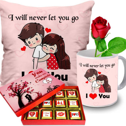 Valentine gift set featuring premium chocolates, a romantic printed mug, rose and a soft cushion – perfect for expressing love to your partner.
