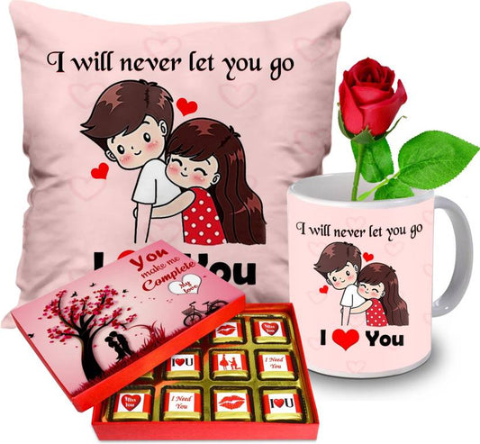 Valentine gift set featuring premium chocolates, a romantic printed mug, rose and a soft cushion – perfect for expressing love to your partner.