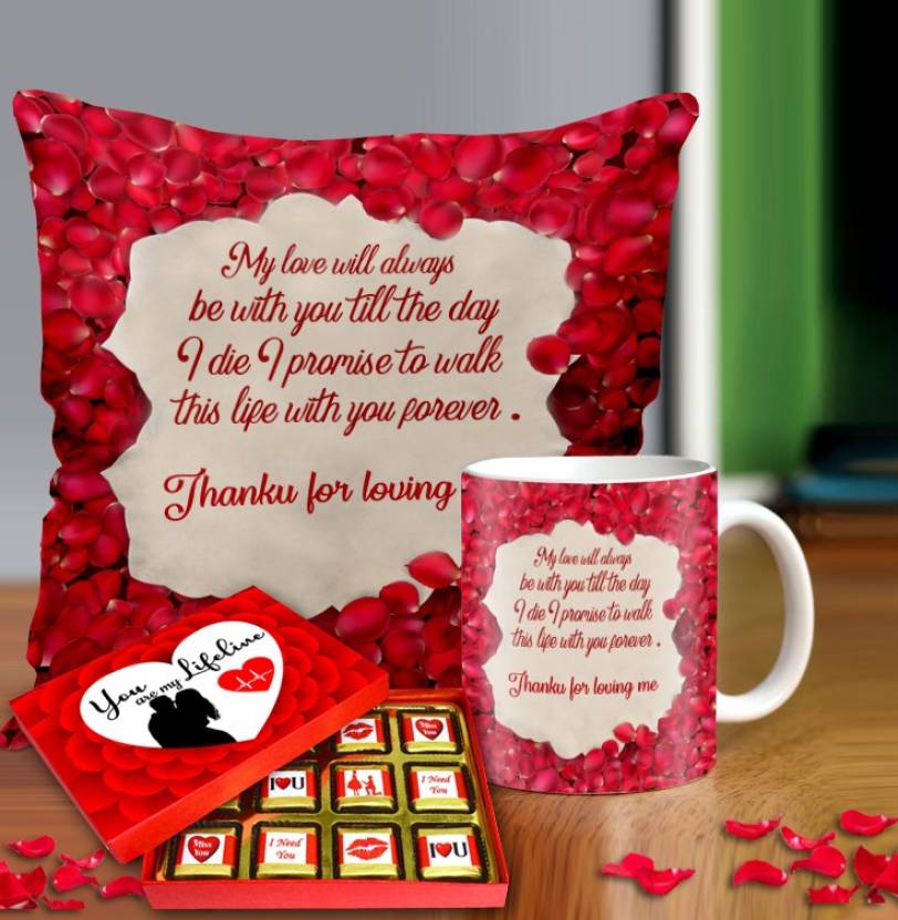 Valentine gift set featuring premium chocolates, a romantic printed mug, and a soft cushion – perfect for expressing love to your partner.