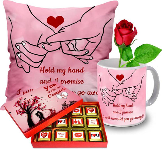 Valentine gift set featuring premium chocolates, a romantic printed mug, rose and a soft cushion – perfect for expressing love to your partner.