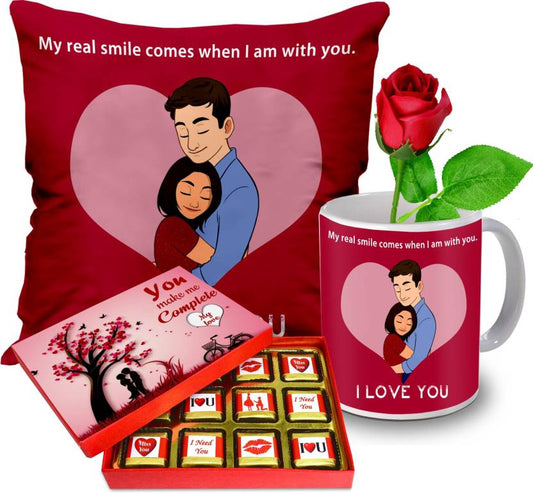 Valentine gift set featuring premium chocolates, a romantic printed mug, rose and a soft heart cushion – perfect for expressing love to your partner.