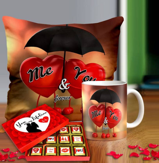 Valentine gift set featuring premium chocolates, a romantic printed mug, and a soft cushion – perfect for expressing love to your partner.