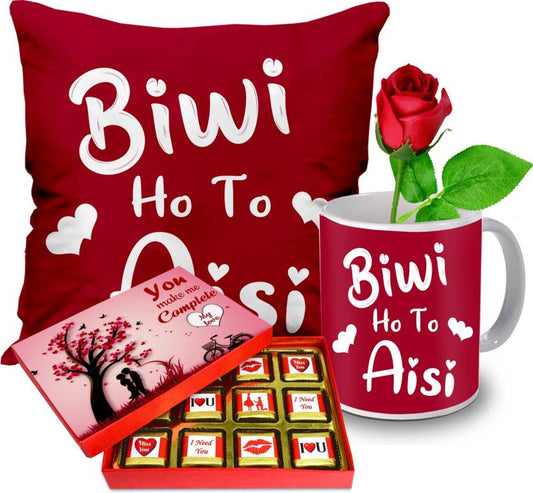 Valentine gift set featuring premium chocolates, a romantic printed mug, rose and a soft heart cushion – perfect for expressing love to your partner.