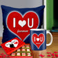 Valentine gift set featuring premium chocolates, a romantic printed mug, and a soft cushion – perfect for expressing love to your partner.