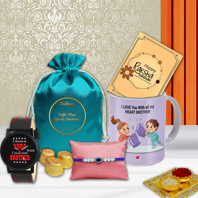 Gift set with cute mug, watch, rakhi  pouch, and rakhi greeting card 