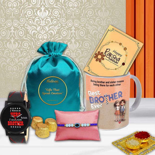 Gifting items including a cute mug, watch, traditional rakhi , and rakhi greeting cards 