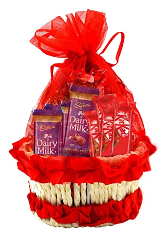 Midiron Beautiful Romantic Gift For Lover/Wife/Girlfriend|Gifts For Couple| Valentine's Day Gift with Red Basket with Dairy Milk & Kitkat Chocolate, Red Teddy, Artificial Rose & Love Card - Midiron
