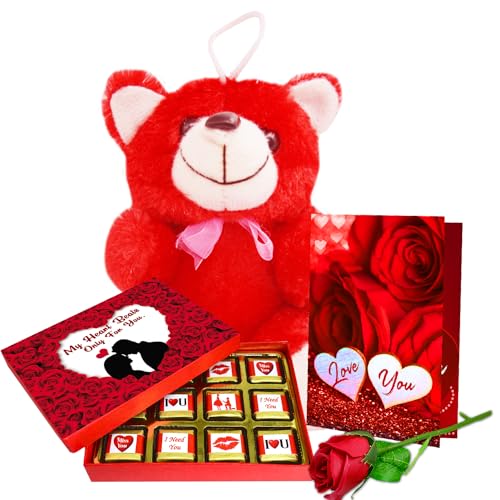 Midiron Valentines Gift Hamper for Girlfriend/Boyfriend | Rose Day, Chocolate Day, Hug Day Gift | Romantic Gift | Valentine's Week Day Gift-Chocolate Bars, Love Card & Red Teddy