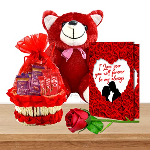 Midiron Beautiful Romantic Gift For Lover/Wife/Girlfriend|Gifts For Couple| Valentine's Day Gift with Red Basket with Dairy Milk & Kitkat Chocolate, Red Teddy, Artificial Rose & Love Card