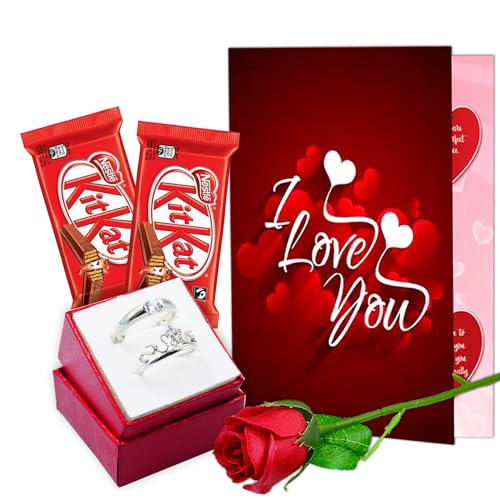 Valentine’s Gift Hamper for Girlfriend or Boyfriend – Romantic Rose Day, Chocolate Day, Hug Day Gift with Chocolate Box, Love Greeting Card & Couple Ring