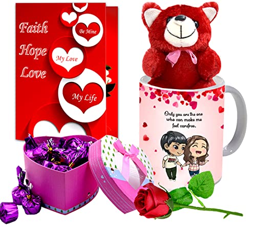 Midiron Romantic Gift for Wife/Husband| Gift for Valentine, Promise Day, Huge Day, Kiss Day |Love Combo |Gift Pack- Artificial Rose, Chocolate Box, Teddy, Greeting Card, 325 ML Mug