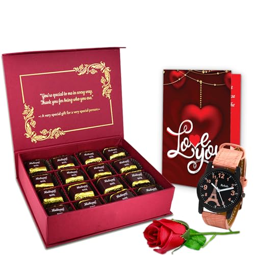 Midiron Valentines Day Unique Gift for Wife/Girlfriend | Romantic Gift for Valentine's Week | Teddy Day, Chocolate Day, Purpose Day Gift - Chocolate Bars, Greeting Card & Hand Female Watch