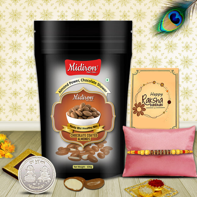 Stylish Rakhi gift ensemble with gourmet treats, traditional elements, and celebration essentials for your brother.