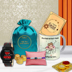 Collection of Raksha Bandhan- gifts including a cool stylish bro mug, watch, traditional Rakhi ,and a Raksha Bandhan greeting card