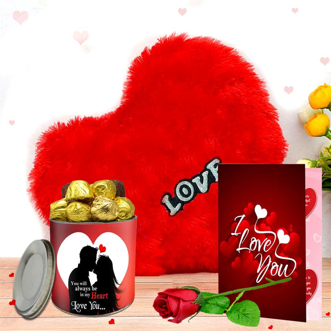 Midiron Valentine's Day Romantic Gift Hamper|Anniversary & Birthday Gift for Couple|Gift for Wife/Girlfriend/Husband with Chocolate Box |Greeting Card | Red Rose | Heart Shape Cushion - Midiron