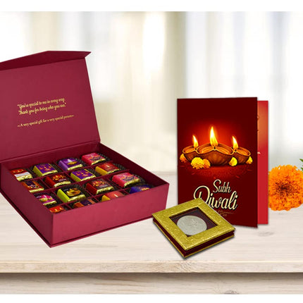 Chocolate Diwali Gift Hamper - Handmade Chocolate Box with Diwali Greeting Card and Silver Coin